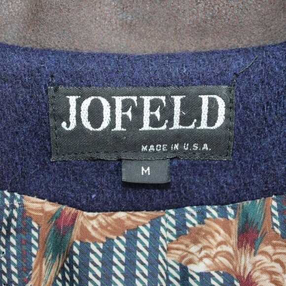 Vintage 80s JOFELD Medium Leather Trim Collar Navy Blue Wool Blend Coat USA - Picture 5 of 12